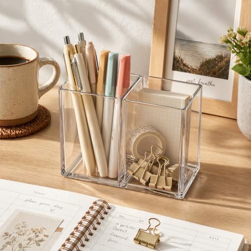 Gejoy 3 Pcs Acrylic Pencil Pen Holder for Desk, Clear 2 Compartment