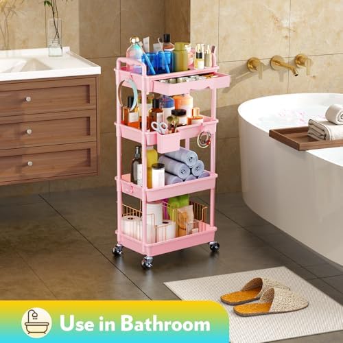 SUNALLY Makeup Cart Organizer with Drawer, 4 Tier Rolling Makeup Cart, Pink