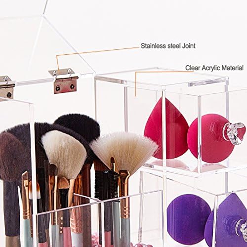 Clear Acrylic Covered Makeup Brush Holder with Dustproof Lid, 3 Drawers, Pearls Beads for Cosmetics Brushes Storage (Pin