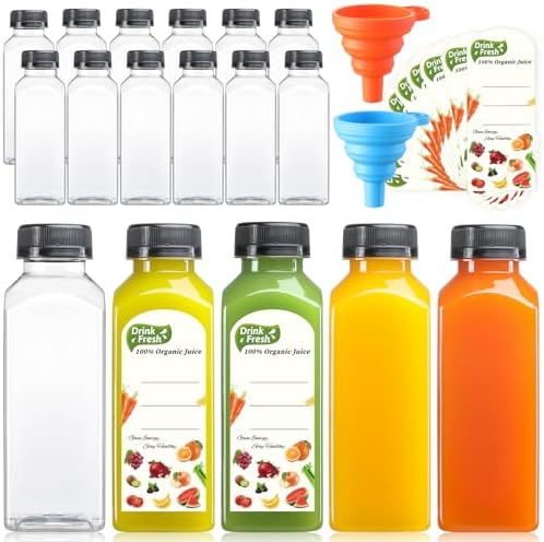 12 PACK, 12 OZ Reusable Thicker Plastic Juice Bottles with Caps, Leakproof