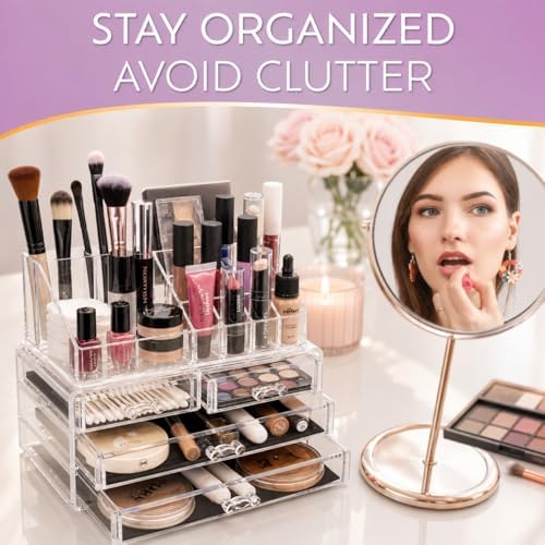 Brookstone Makeup Organizer Countertop, Cosmetic Display Case, Acrylic Makeup Storage for Vanity, Clear Make-up Organize