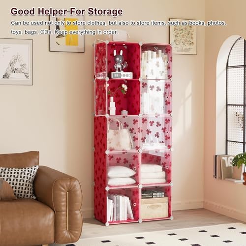 C&AHOME Clover Embossed 10-Cube Storage Organizer with Door Cube Shelf Red