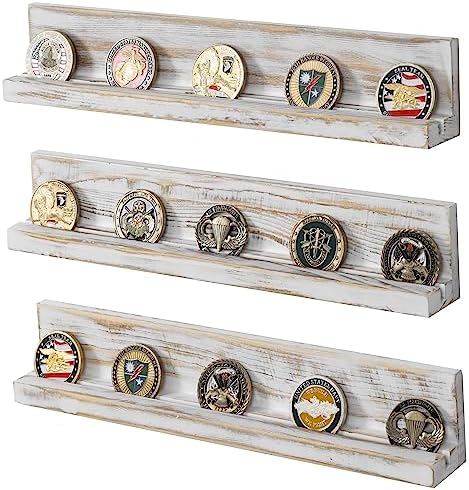 MyGift Whitewashed Wood Challenge Coin Holder, Wall Rack Set of 3