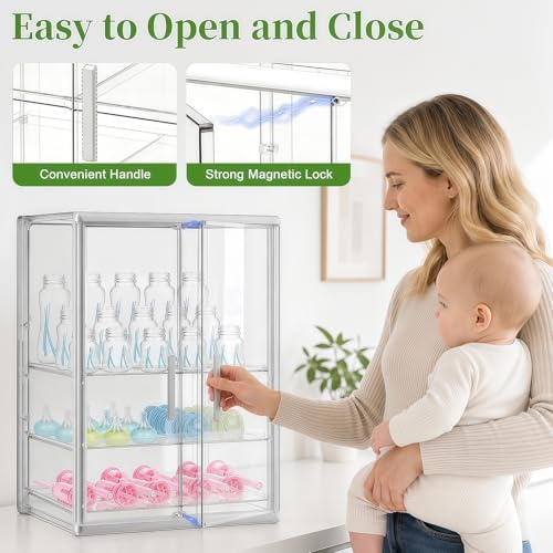 Reinforced Baby Bottle Organizer 3 Tier Baby Bottle Storage Organizer Clear Bottles Station for Countertop Double Magnet