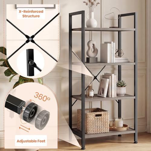 Sweetcrispy 4 Tier Bookshelf, Bookcase with Shelves, Wood Grey