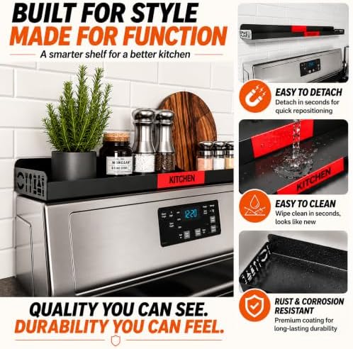 30" Magnetic Stove Top Shelf – Black Spice Rack with Red KITCHEN Design – Seasoning Organizer for Back of Stove – Over S