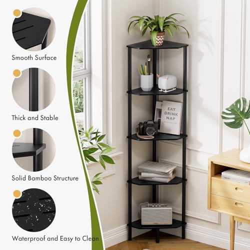 5 Tier Black Corner Shelf, 54" Tall Corner Shelves, Bamboo Corner Bookshelf, Industrial Display Shelf, Shower Storage Or