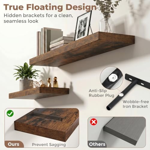 8 inch Deep Floating Shelves for Wall, 55" Wide, Rustic Brown, 2-Pack