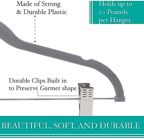 Simplify Velvet hangers - Plastic Hangers with Zink Hooks - Hangers for Pants, Shirts, Clothes - Grey - Pack of 6 - 0.16" x 16.93" x 9.06"