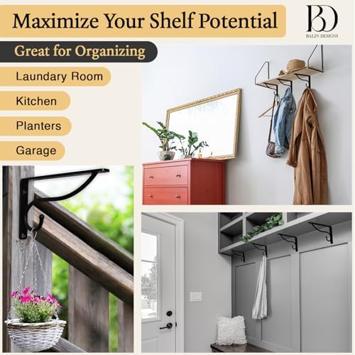 Closet Rod Bracket, 6 Inch Hook Shelf Brackets Heavy Duty Wall Mounted, Black Closet Rod Support Brackets for Curtains, 