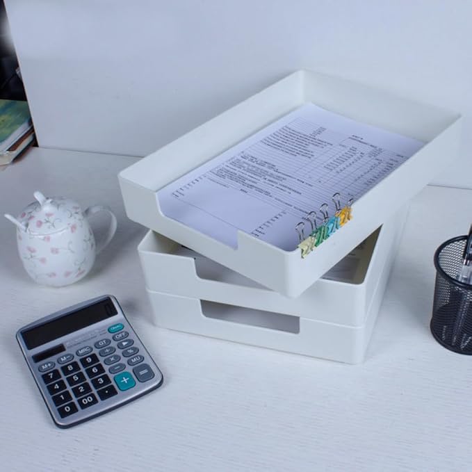 Stackable Letter Tray, 2 Pack Off-White, Desk Organizer | Plastic stackable letter tray, fits A4/letter. Anti-skid stacking support. Desktop file organizer for office, school, home.