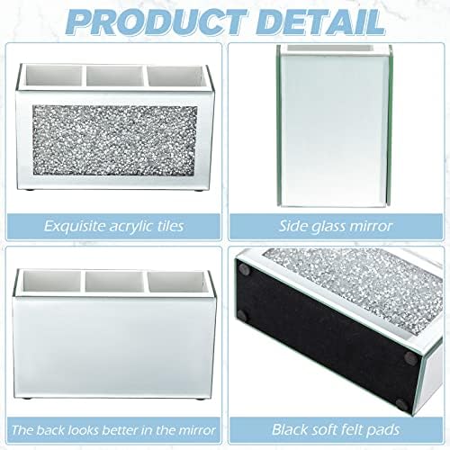 Tanlade 2 Pcs Mirrored Makeup Brush Holder Remote Holder, Mirrored Makeup Organizer with Crushed Diamond Crystals, Vanit