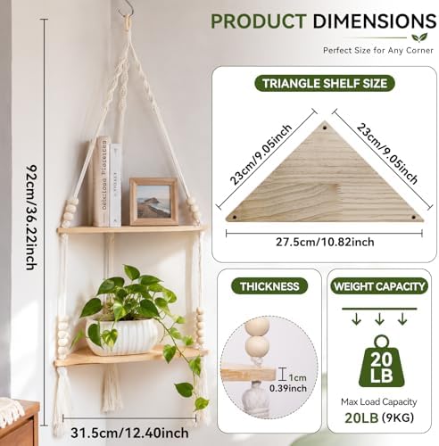 Artilady Macrame Wall Hanging Corner Shelf, Adjust Boho Storage Wall Decor