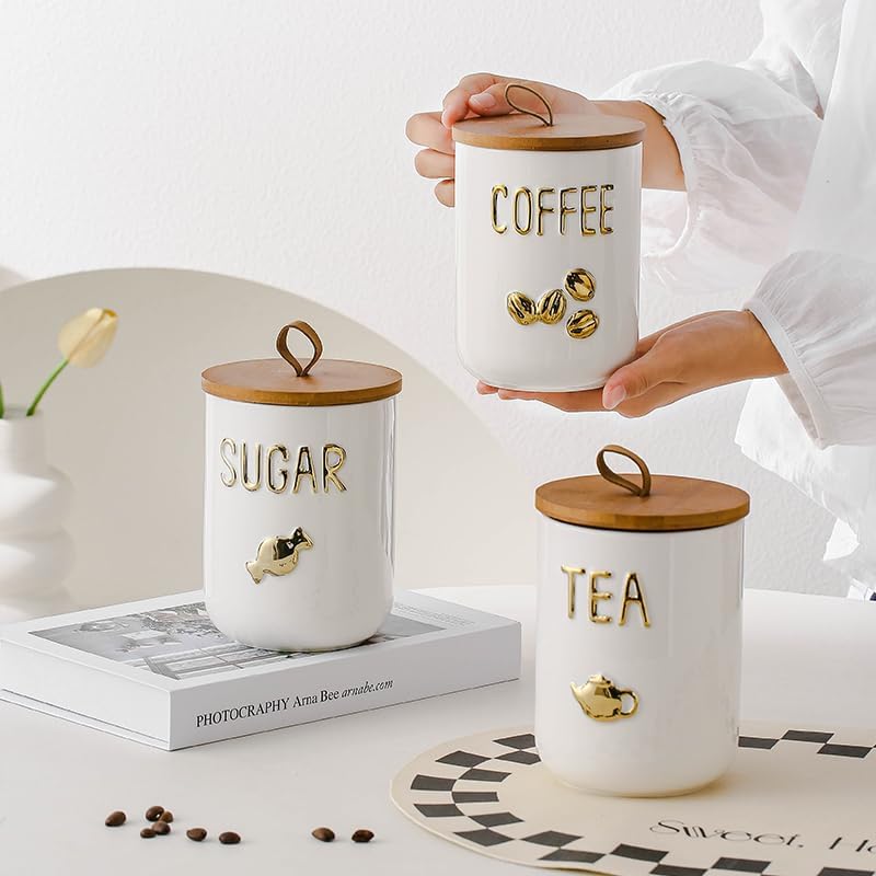 Comeon Ceramic Canister Set with Airtight Seal Bamboo Lid Silicone, 27oz Food Storage Jars for Coffee Sugar Tea, Contain