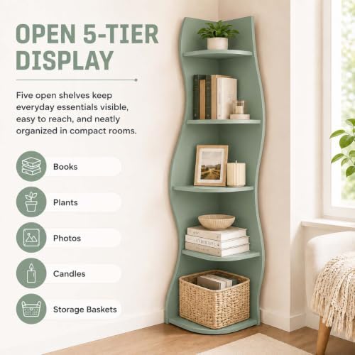 5-Tier Wavy Corner Shelf with Curvy Shape for Small Space,Sage Green