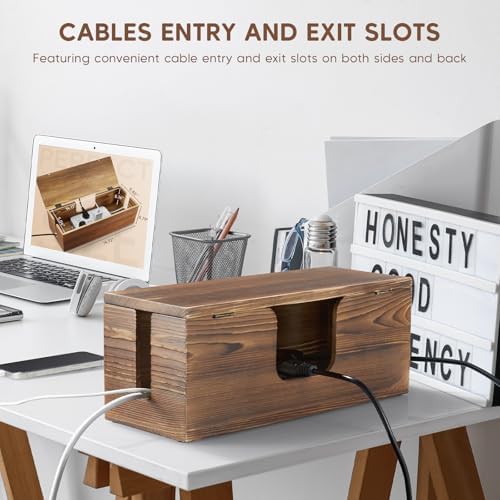 Large Cable Management Box - Burnt Wood Cable Organizer Box and Floor Cord Covers for Electrical Cord Management - Hide 