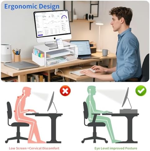 AUPSEN White Monitor Stand Riser, 2-Tier Wood Computer Desk Organizer with Drawer, Pen Storage & Phone Holder, Office De
