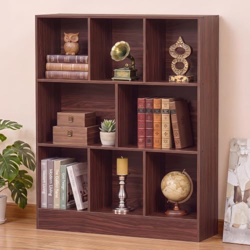 YAHARBO 3 Tier 8 Cube Horizontal Bookshelf,Low Bookcase with Sleves,Walnut