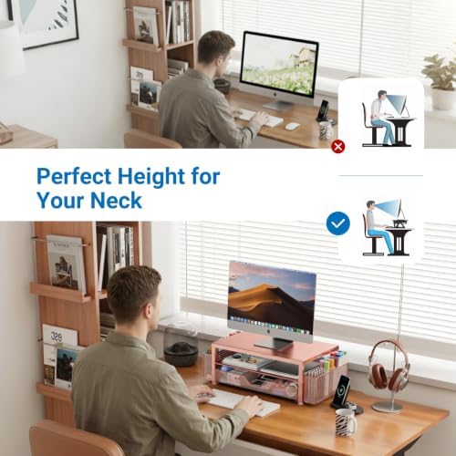 OPNICE Desk Organizers and Accessories, Computer Monitor Stand Riser with Drawer and 2 Pen Holders, Printer & Laptop Sta