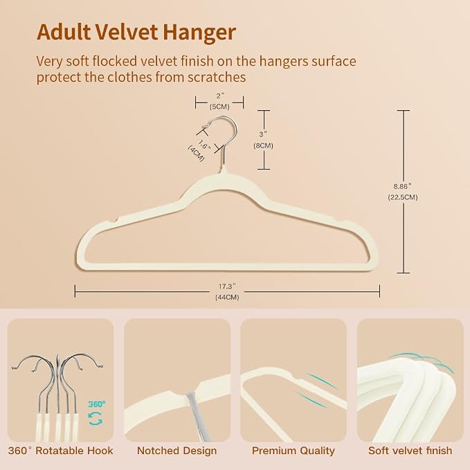 Stormix Adult Velvet Hangers Non-Slip Felt, Shoulder Notches, 36 Pack Cream
