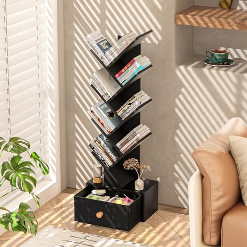 SHEEPAM 8-Tier Tree Bookshelf Floor Standing Storage Bookcase with Drawer