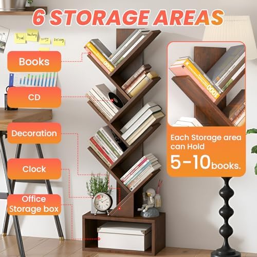 FDW 7 Tier Tree Bookshelf, Rustic Brown Floor Standing Bookcase with Storage Cabinet, Tall Narrow Bookshelves Organizer 