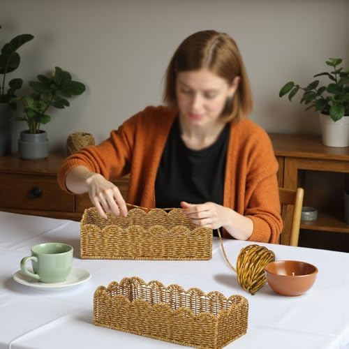 Scalloped Toilet Paper Basket - Resin Wicker Water-Resistant Storage Toilet Tank Topper Boho Style Set of 2