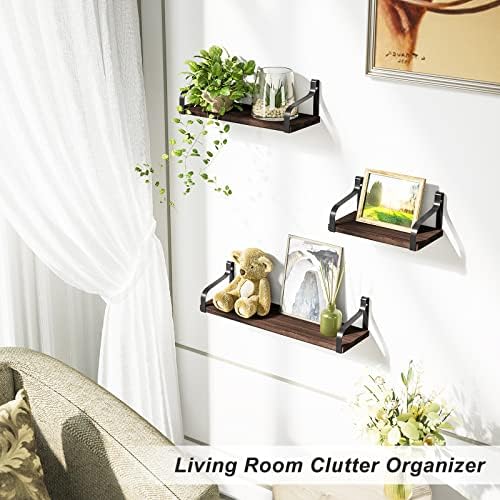 Love-KANKEI Floating Wall Shelves Set of 3,Wood/Metal Bracket,Dark Walnut