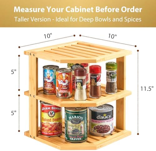 Umilife Plate Organizer for Cabinet, Extra Tall Bamboo Corner Shelf, Dish & Bread Organizer, Spice Rack, Kitchen Bathroo