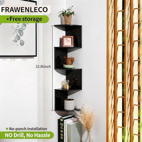 No-Drill Corner Shelf Wall Mount, 5-Tier Thickened Floating Bookshelf with Hooks, Space-Saving Zigzag Plant Shelf for Be