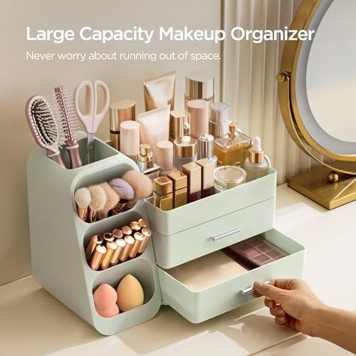 HBlife Makeup Organizer with Brush Holder for Vanity, Large Plastic Bathroom Countertop Organizer Skin Care Storage, Eas