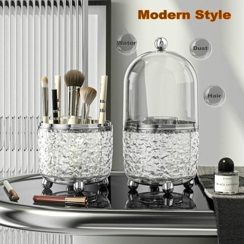 CHIRISEN 360 Rotating Makeup Brush Holder with Lid Dustproof Spinning Brush Storage for Bathroom Countertop, Cosmetic To