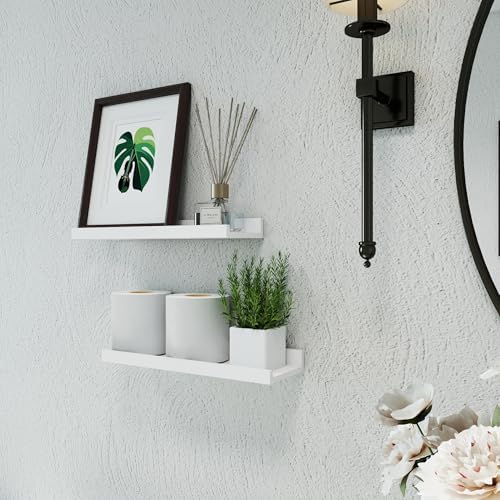 White Floating Shelves for Wall Decor, 14 in Shelf with Lip Set of 2