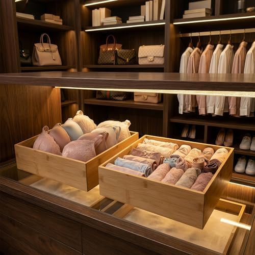 Bamboo Belt Organizer for Closet, Tie Storage Organizer Bins with Detachable Divider Drawer Organizer, Closet Organizers
