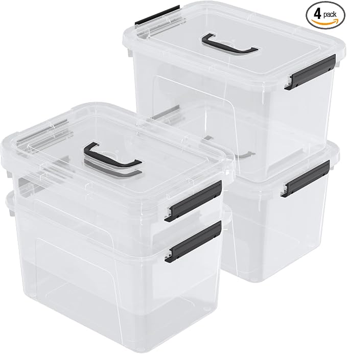 Wekioger 4 Packs Plasitc Lidded Storage Bins, Clear Latching Boxes with Handles (10 Quart)