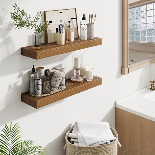 Fun Memories Floating Shelves Set of 2, 24 Inch Floating Shelves for Wall, Wood Wall Shelves with Invisible Brackets, fo