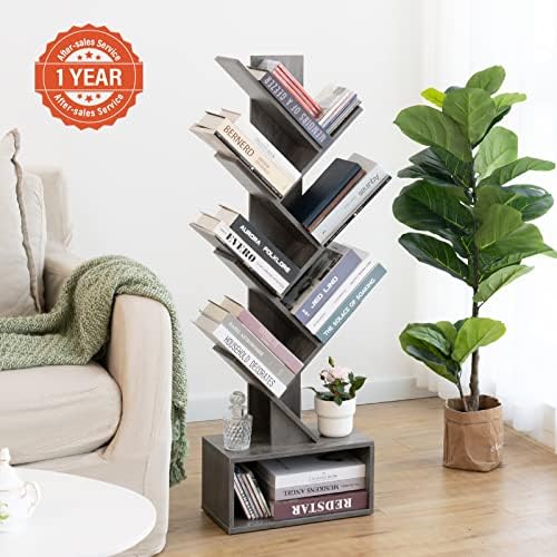 Yoobure Tree Bookshelf - 6 Shelf Retro Floor Standing Bookcase, Tall Wood Book Storage Rack for CDs/Movies/Books, Utilit
