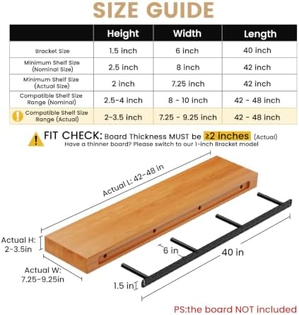 2pcs Floating Shelf Bracket Heavy Duty Hidden Metal Brackets for Shelf,Invisible Shelves Hardware Without Jig (40" x 6" 