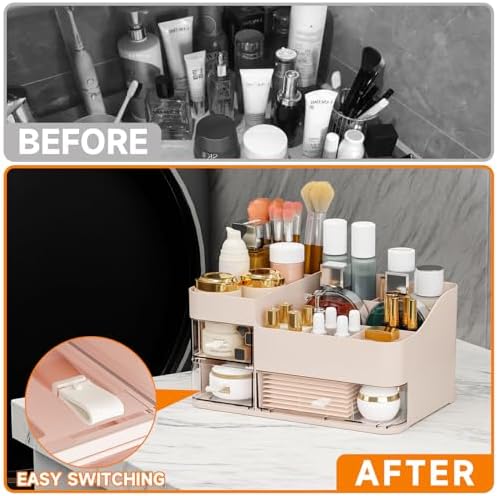 SuoXing Pink Makeup Organizer for Vanity,Large Plastic Skincare Organizers With Drawers,Bathroom Counter Organizer Cosme