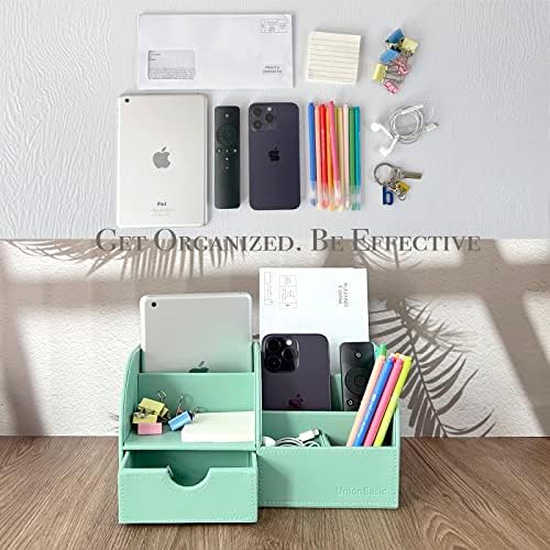 UnionBasic Desk Organizer - Multifunctional Leather Desktop Pen Holder Storage Box - Business Card/Pen/Pencil/Mobile Phone/Stationery Holder, Mint Green