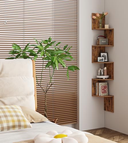VIMBER 5-Tier Corner Shelf Wall Mount, Corner Bookshelf, Industrial Corner Ladder Shelf, Modern Display Shelf for Living