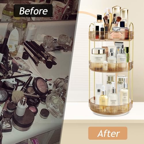360 Rotating Makeup Organizer for Vanity,3 Tier Large Capacity Skincare Organizers,Bathroom Counter Organizer, transpare