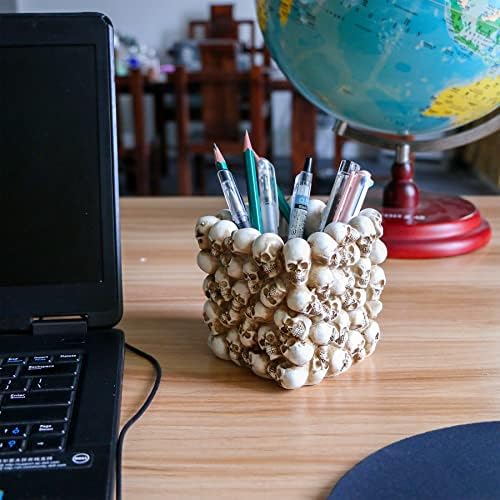 Halloween Decor Skull Pen Holder - Goth Human Skull Makeup Accessory Brush Holder for Desk Gothic Spooky Pencil Cup Desktop Storage box Organizer for Home Office Women Man Birthday Gift