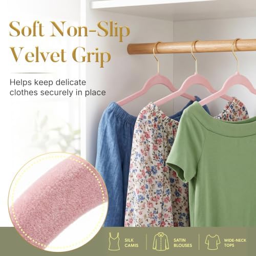 HOUSE DAY Pink Velvet Hangers 60 Pack with Gold Hooks, Non-Slip, No Marks