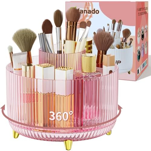 Clear Rotating Makeup Organizer Countertop for Vanity, 360° Makeup Brush Holder Organizer with 5 Compartments, Transpare