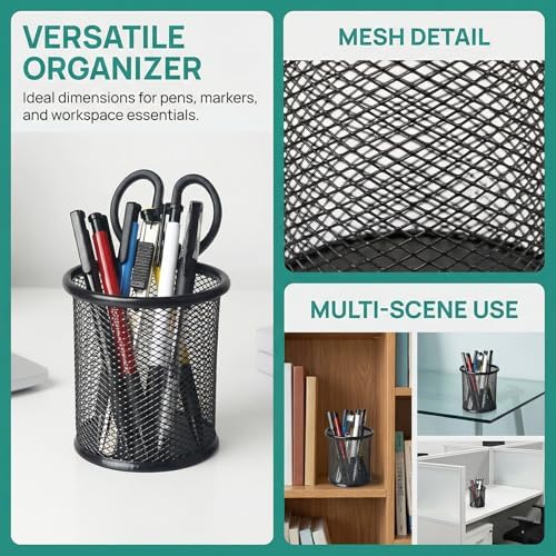 Nicunom 12 Pack Metal Pen Holder Wire Mesh Pen Cup Pencil Holder Pencil Cup for Desk Office Pen Organizer, Black