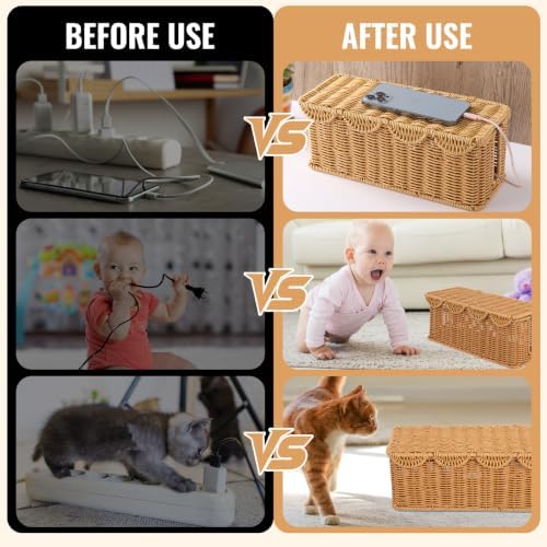 Scalloped Edge Handmade Cable Management Box, Elegant Plastic Rattan Cable Organizer, 2 Open Slots Sturdy Cord Hider Box