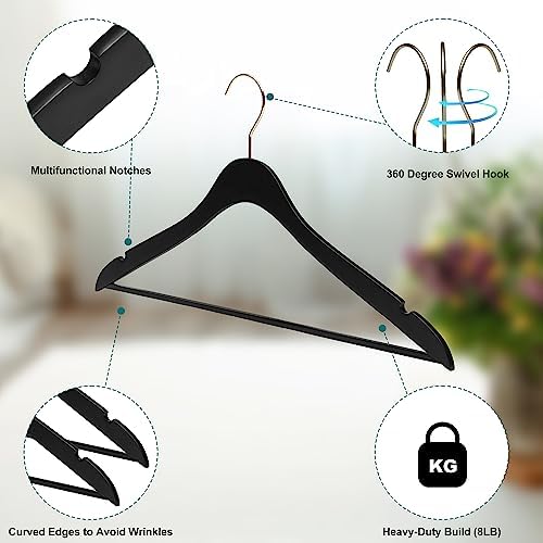 Luxury 16.5" Ultra Thin Space Saving Wooden Hangers, 100-Pack 360 Degree Swivel Hook, Best for Shirts, Blouses, Pants, Suits, Coats, Dresses (Black, with Pant Bar, 100)