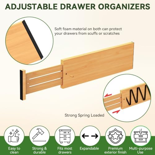 FJO 6 Pack Bamboo Drawer Dividers 4.65" High Adjustable from 17'' to 22''