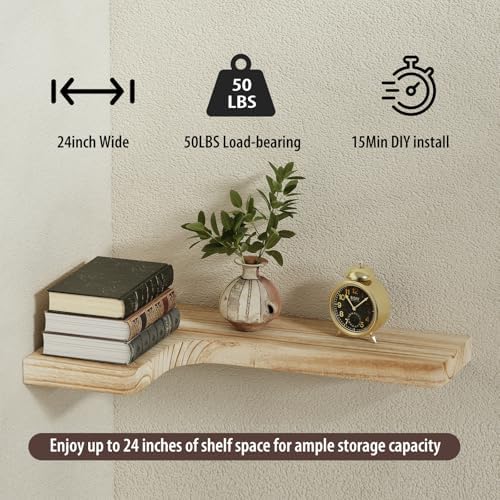 SAUMONIERES Corner Floating Shelves 24 Inch Wall Mount Shelf Solid Wood for Bedroom Bathroom Kitchen Storage Set of 2, R